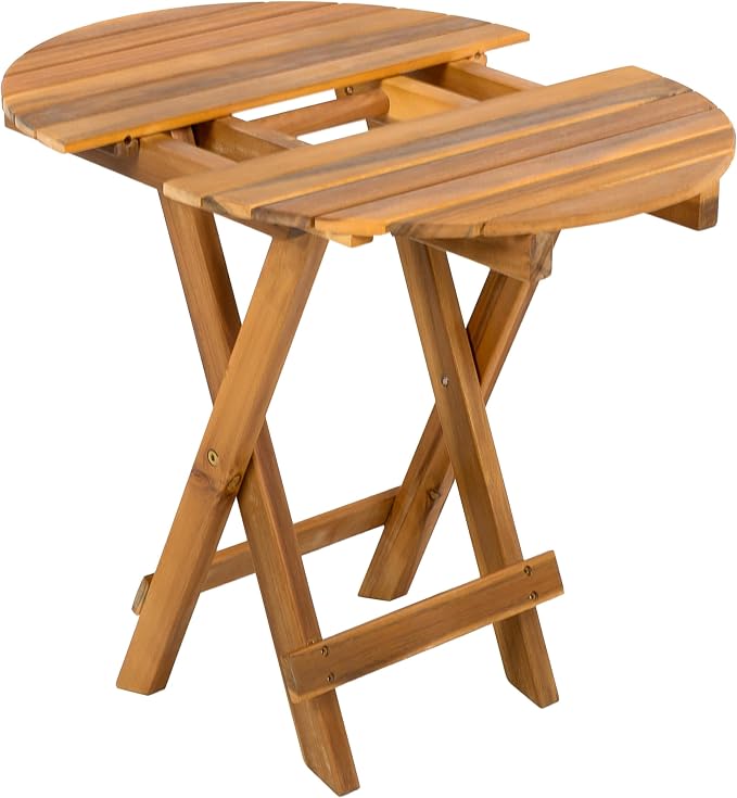 GDFStudio 15" H Folding Patio End Table Accent Table Small Round Sofa Coffee Acacia Wood Lightweight Side Tables with Slat Panel Cross Leg for Living Room Bedroom Balcony Office Outdoor Space, Teak