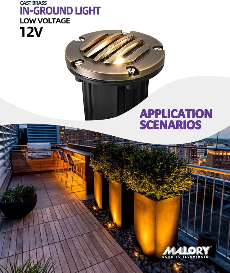 MALORY Brass Top Cover Landscape Well Lights,(φ126 mm) 12V Low Voltage Outdoor In Ground Lights,Landscape Lighting for Pathway, Driveway and Garden (Grated Top, 10-Pack with Bulb)