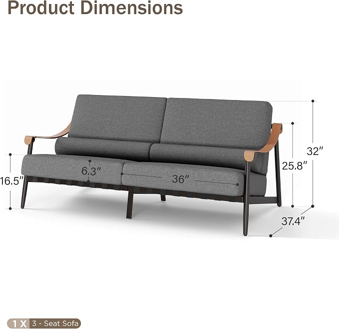 PHI VILLA Modern Outdoor Sofa with Extra Thick 6.3" Cushion,Deep & Wide Seat Patio Couch for Deck Front Porch Backyard