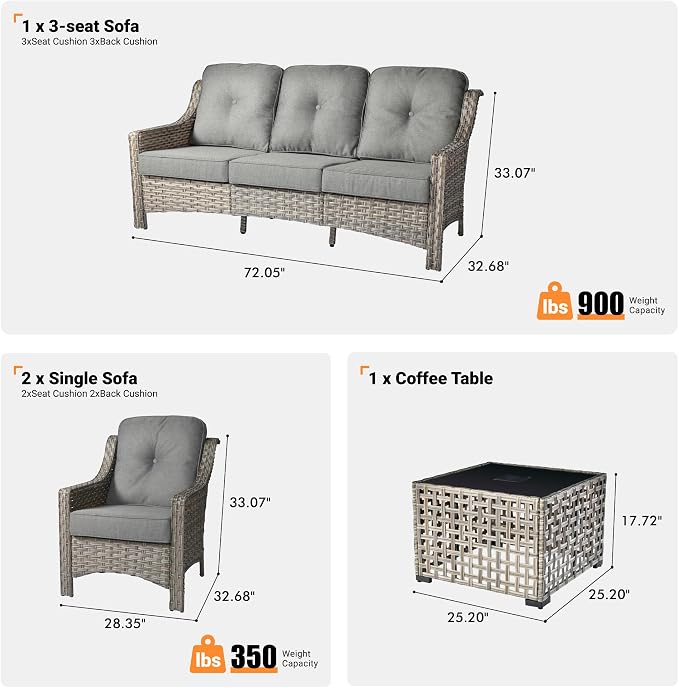 ovios 4 Piece Outdoor Patio Furniture with 3 Seat Sofa,Rattan Wicker Coversation Set with High Back,Sectional Single Sofa with Ottoman for Outside Porch Balcony Backyard Pool, Dark Grey