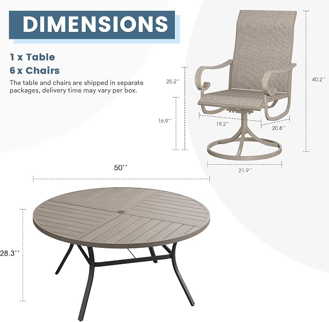 DIFY 7 Piece Outdoor Dining Set for 6, 50" Grey Wood-Like Round Metal Dining Table with Umbrella Hole and Swivel Patio Chairs with Sandshell Textilene, Patio Table and Chairs Set for Garden Backyard