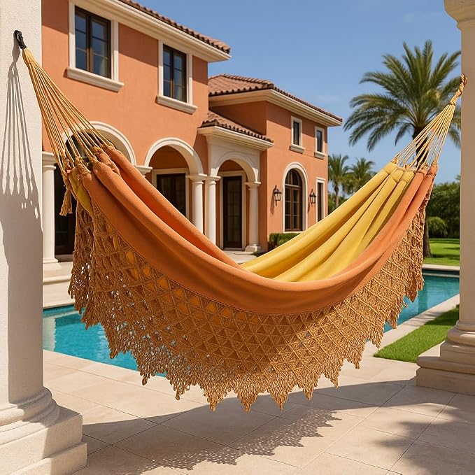 Handmade Brazilian Macrame Hammock – Red, Yellow & Caramel Striped Cotton Hammocks – Indoor Boho Swing Bed – Decorative Hammock for Bedroom, Porch or Balcony
