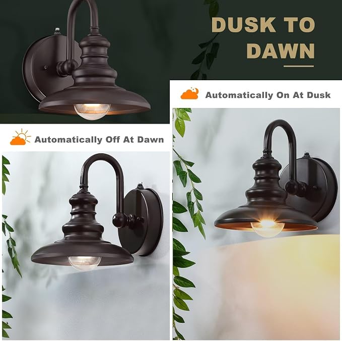 Dusk to Dawn Sensor Outdoor Gooseneck Barn Light Fixture Brown | Exterior Wall Sconce Lighting Modern Outside Porch Lantern Waterproof Farmhouse Wall Mount Lamp for House Garage Patio