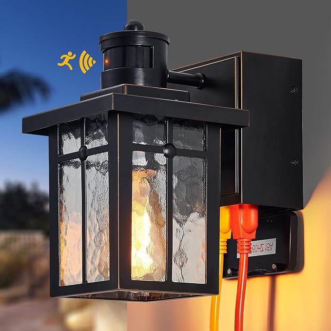 Myhaptim Porch Lights with GFCI Outlet,Dusk to Dawn Motion Sensor Outdoor Lights,3 Lighting Modes Black Front Door Light,Waterproof Exterior Light Fixture,Outside Wall Lamp for House Patio Garage