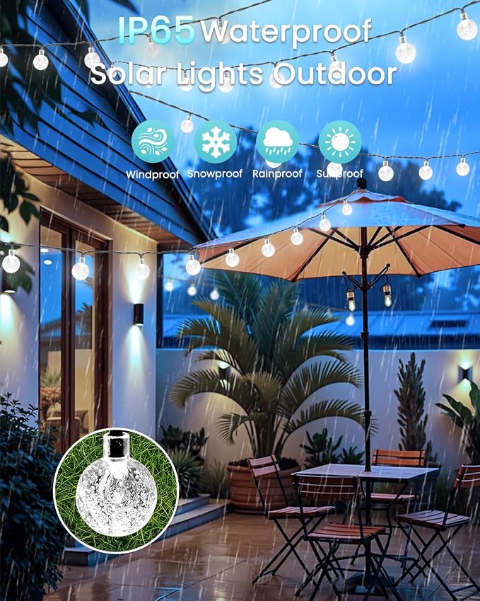 LORRYTE Solar String Lights Outdoor 32FT 50 LED Patio Lights, White | Crystal Globe, IP65 Waterproof, Auto On/Off, 8 Modes Solar Powered Light for Outside Garden Yard Wedding Porch Party Decor