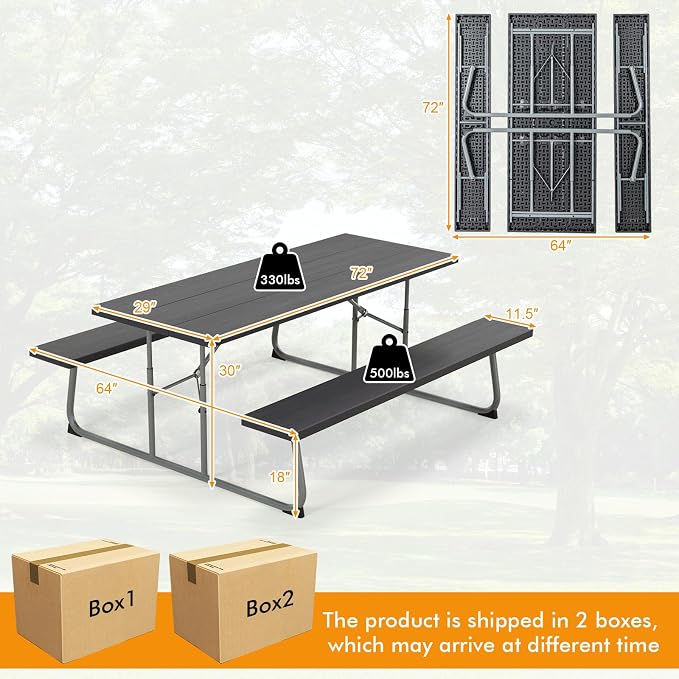 Tangkula 6 Ft Folding Picnic Table, Outdoor 8 Person Large Picnic Table Set with 2 Built-in Benches, Umbrella Hole, Metal Frame & HDPE Tabletop for Garden, Backyard (Black)