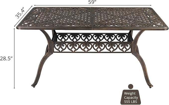 VINGLI 6-Person Patio Dining Table, Cast Aluminum Outdoor Dining Rectangle Table with Umbrella Hole, Weather-Resistant Patio Table for Deck, Garden, Backyard