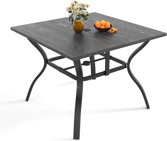 5‑Piece Outdoor Patio Dining Set 4 Metal Chairs 37.8" Square Wood‑Grain Metal Table w/Umbrella Hole Ergonomic Slat Design Quick Assembly Ideal for Garden