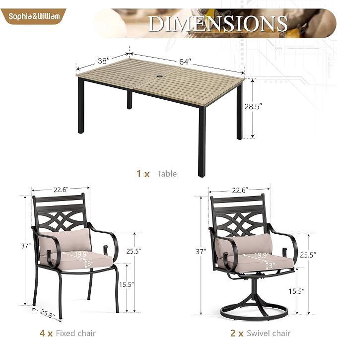 Sophia & William Patio Dining Set, Swivel Chairs | Seats 6, Cushions, 1.57-1.9 Adjustable Umbrella Hole, Metal Top Wood Texture-64"
