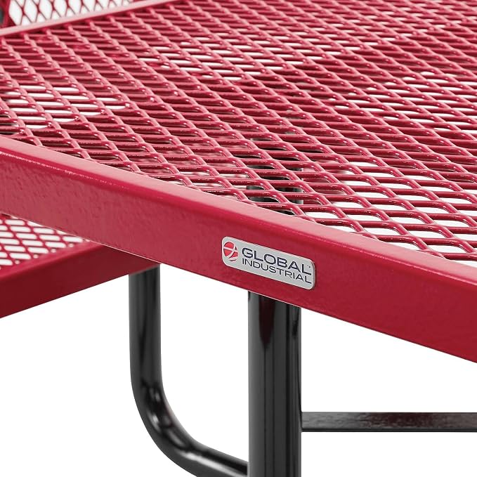 Global Industrial 46" Square Picnic Table with Backrests, Expanded Metal, Red Thermoplastic Coating, 1-1/2" Umbrella Hole, Outdoor-Rated, 1000 Lbs Capacity