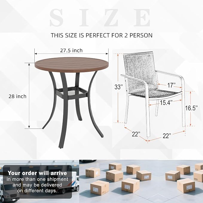 Anmutig Small Outdoor Dining Set with Patio 27.5" Round Wood-Like Brown Table Top and 2 Brown Stackable Chairs - 3 Piece