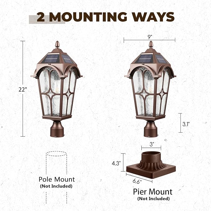 22 Inch Large Solar Post Light Outdoor, Dusk to Dawn Pier Mount Lamp, Oil Rubbed Bronze (ORB) Aluminum with Seeded Water Ripple Glass, Waterproof Solar Pole Light Fixture for Yard Garden Pillar Patio