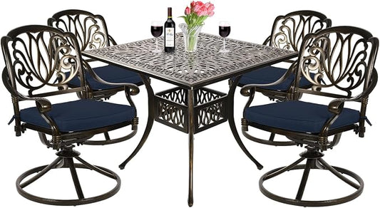 VIVIJASON 5-Piece Outdoor Patio Dining Set, All-Weather Cast Aluminum Conversation Set, Patio Furniture Set, Include 4 Swivel Dining Chairs, a 35.4" Square Table w/Umbrella Hole, Navy Blue Cushion