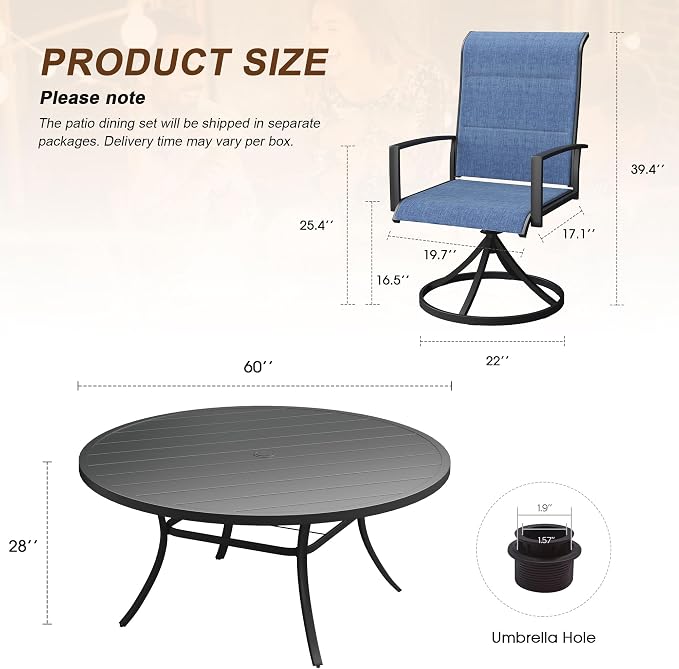 VICLLAX 9 Pieces Outdoor Dining Set, Patio Furniture Set Includes 60" Round Metal Table W/ 1.9" Umbrella Hole and 8 Padded Textilene Swivel Chairs for Porch, Lawn, Garden, Backyard