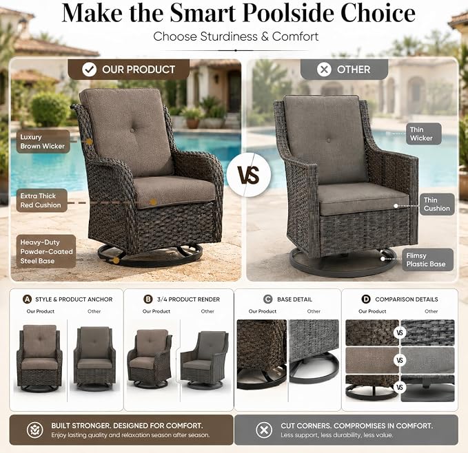 HUMMUH Outdoor Swivel Rocker Wicker Patio Chairs Set of 2, Rattan Rocking Chair Furniture Set(Brown,Grey)