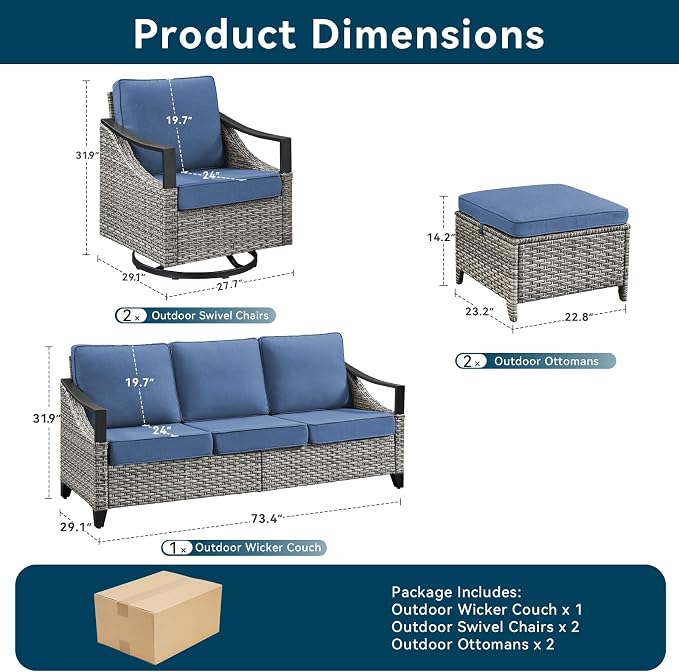 Outdoor Patio Furniture Set-5 Pieces All-Weather Wicker Outdoor Furniture with High Back Wicker Swivel Patio Chairs Outdoor Patio Conversation Sets for Garden Porch Deck Grey/Blue
