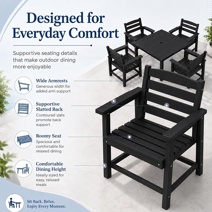 HDPE Outdoor Dining Set for 6, Modular Tables & 6 Armchairs | • Expandable 2-Table Combo • Dual 2" Umbrella Openings • 410 lbs High Weight Limit • All-Weather Polywood