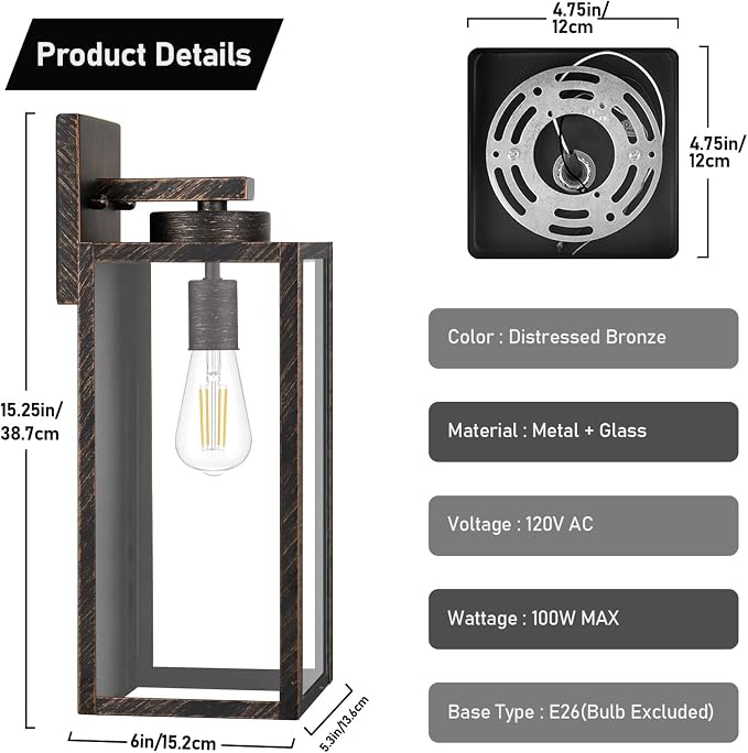 BesLowe 15’’ Large Outdoor Wall Lights, Porch Lights Distressed Brown | Waterproof Metal Construction, Rust-resistant, Quick & Easy Installation, Clear Glass Shades & Standard E26 Socket