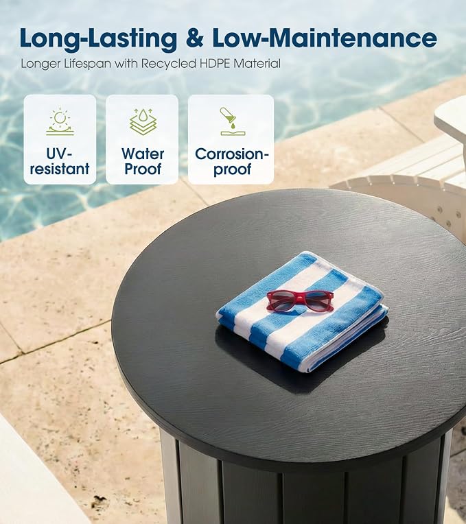 wikiwiki 2-in-1 70Lbs Patio Umbrella Base & Outdoor Side Table with Hole, HDPE Woodgrain Small Outdoor Table Fits 1.5-1.9in Pole for Patio, Deck, Poolside & Garden Use, Dark Black