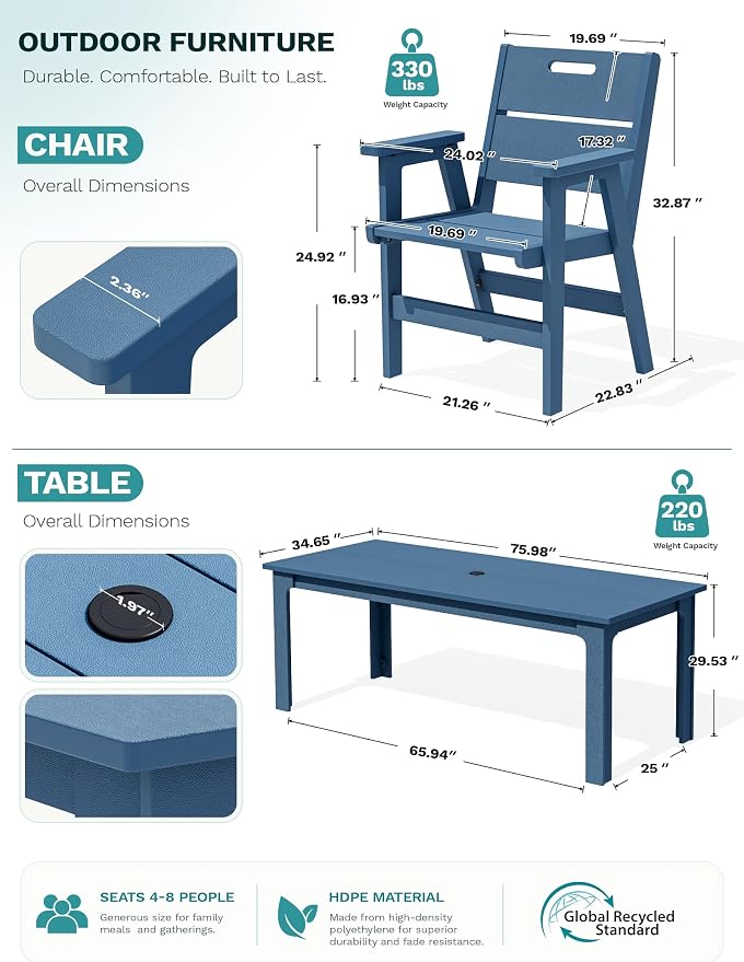 SERWALL 76" HDPE Outdoor Dining Set, 10 Pieces Patio Furniture with Rectangular Table, 8 Chairs & 1 Umbrella (Base Not Included), All-Weather Outdoor Dining Set for Backyard Deck Balcony, Blue