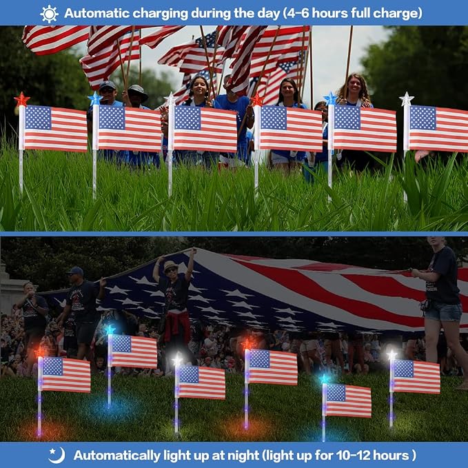 4th of July Decorations Outdoor American Flag Lights, 6-Pack Red White and Blue Solar Stars Lights with 6 USA Flags & 30LED,Bright Patriotic Pathway Lights for Memorial Day Yard Lawn Decor