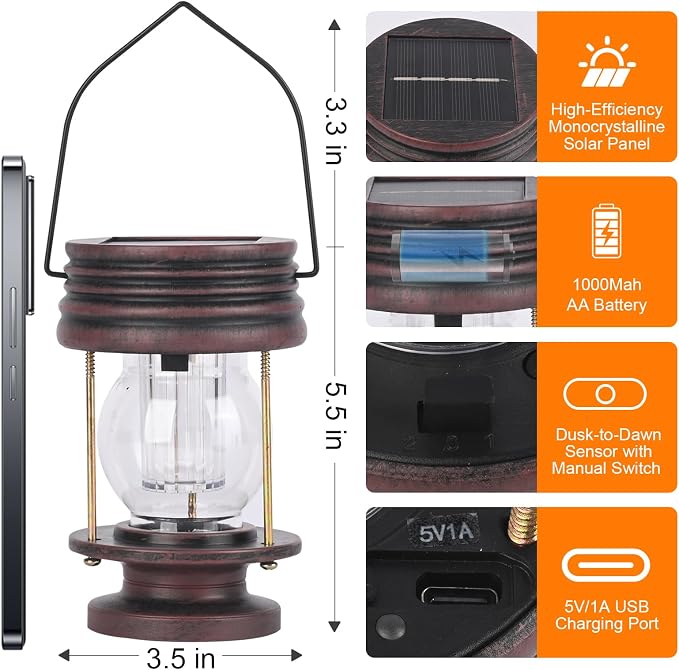 Solar Lanterns Outdoor Hanging Lights Patio Decor, Upgraded Dual Solar & USB Charging, Adjustable Light Sensor, Retro Decorative Table Lamp Waterproof, Indoor Outdoor Garden Patio Yard Decoration