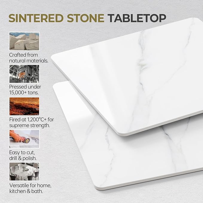 Square Table Top, 23.6” White Sintered Stone Tabletop, DIY Replacement & Cover Marble Desktop, Scratch & Wear Resistant, Suitable for Indoor & Outdoor
