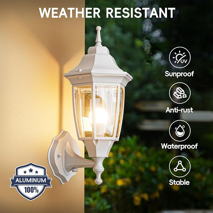 EMART Dusk to Dawn Outdoor Porch Light with Bulb, Wall Lamp(1 Pack, White) | Exterior Anti-Corrosion, Waterproof Aluminum & Glass Shades, Modern Sconce Lantern Fixtures for Outside, House, Garage