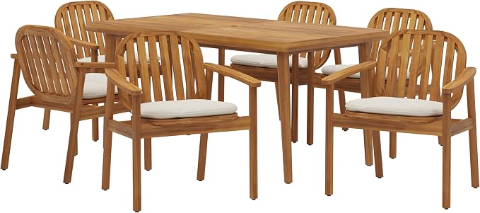 Christopher Knight Home Meja Acacia Wood Outdoor Dining Set for 6, Wooden 7 Piece Patio Dining Table Set, Wooden Outdoor Dining Armchair and Table Set with Cushion, Patio Furniture Set, Teak+Beige