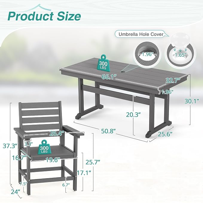 7 Piece Patio Dining Set, 66" Rectangle HDPS Weather Resistant Outdoor Table & 6 Patio Chairs Set with 1.96" Umbrella Hole, Heavy Duty Chairs for Backyard Balcony Deck, Grey