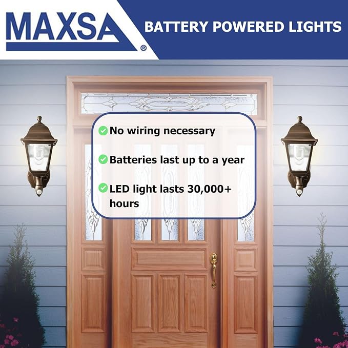 MAXSA 46219 Battery-Run Motion-Activate Outdoor Metal Wall Sconce Bronze | Metal and Glass Battery-Powered, No Wiring Needed, 13x8.5x6" Automatic Operation, Easy Installation Bronze Cool White LEDs