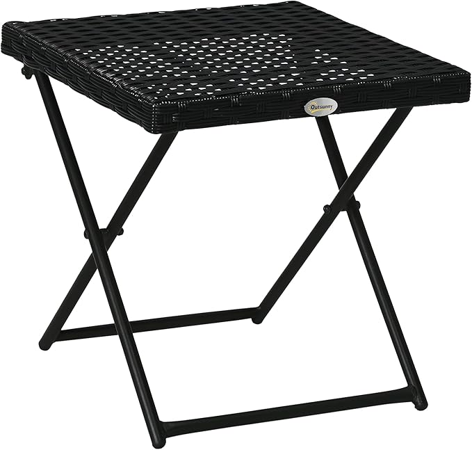 Outsunny Rattan Coffee Table Folding Patio Outdoor Side Table Wicker for Balcony, Porch, Poolside, 15.75"x15.75"x15.75", Black