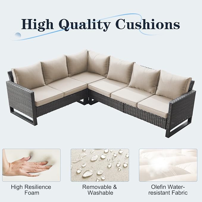 Belord Outdoor Sectional Sofa 6 Seater L Shaped Couch Wicker Patio Conversation Furniture Set Rattan Outdoor Furniture with Removable Washable Cushion, Brown/Beige