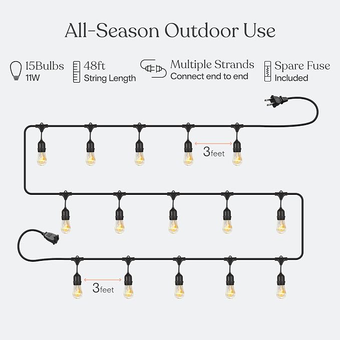 Brightech Ambience Pro Incandescent Outdoor String Lights - Commercial Grade Waterproof Patio Lights with 48 Ft Dimmable Edison Bulbs, Porch String Lights for Patio, Backyard - 15 Bulbs 11W