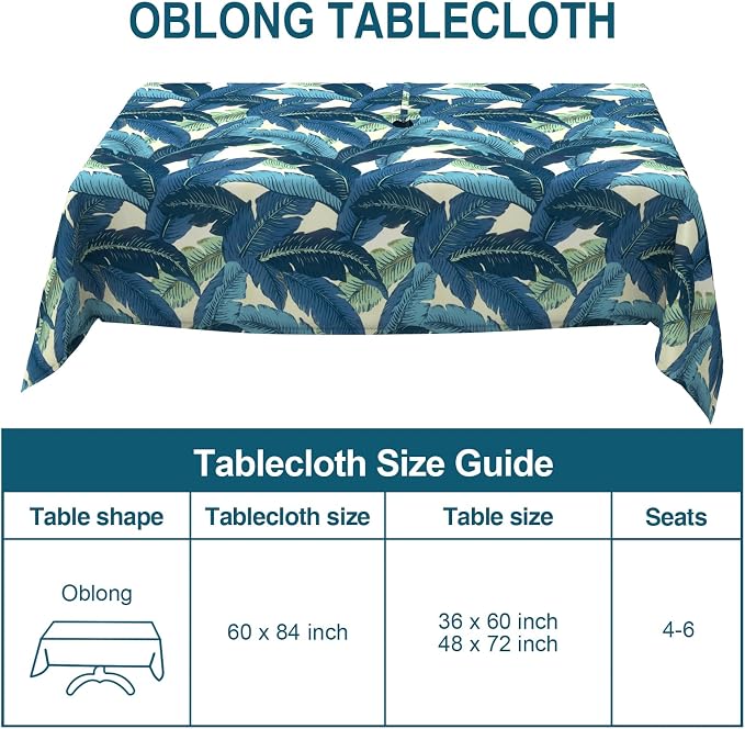 DYTXIII Outdoor Rectangle Tablecloth with Umbrella Hole and Zipper 84" x 60", Water Repellent Floral Picnic Cover, Fade & Wrinkle Resistant Tablecloth for Patio/Garden/Party Table, Palms Blue