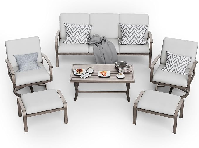 HAPPATIO 6 Piece Aluminum Patio Furniture Set, 3-Seat Outdoor Couch with Ottomans and Swivel Armchairs, All-Weather Outdoor Sectional Sofa with Comfortable Cushions and Coffee Table(Gray)