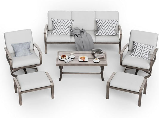 HAPPATIO 6 Piece Aluminum Patio Furniture Set, 3-Seat Outdoor Couch with Ottomans and Swivel Armchairs, All-Weather Outdoor Sectional Sofa with Comfortable Cushions and Coffee Table(Gray)