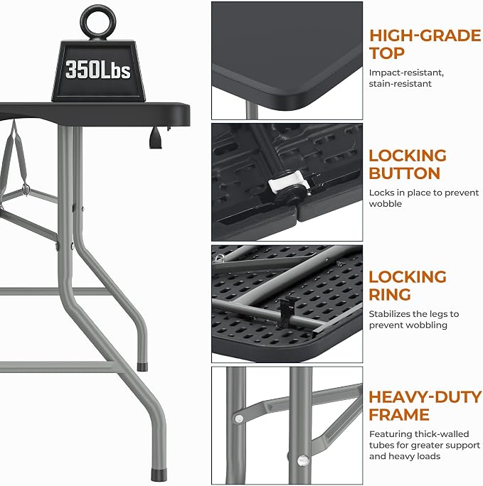 Fenbeli 5FT Folding Table, 350 LBS Heavy Duty with 18% Thicker HDPE Waterproof Top, Fold in Half Portable Table with Handle, Steel Frame for Indoor Outdoor Party, Picnic & Events