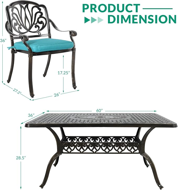 VIVIJASON 7-Piece Outdoor Furniture Dining Set, All-Weather Cast Aluminum Patio Conversation Set, Include 6 Cushioned Chairs and a Rectangle Table with Umbrella Hole, Ocean Blue Cushion