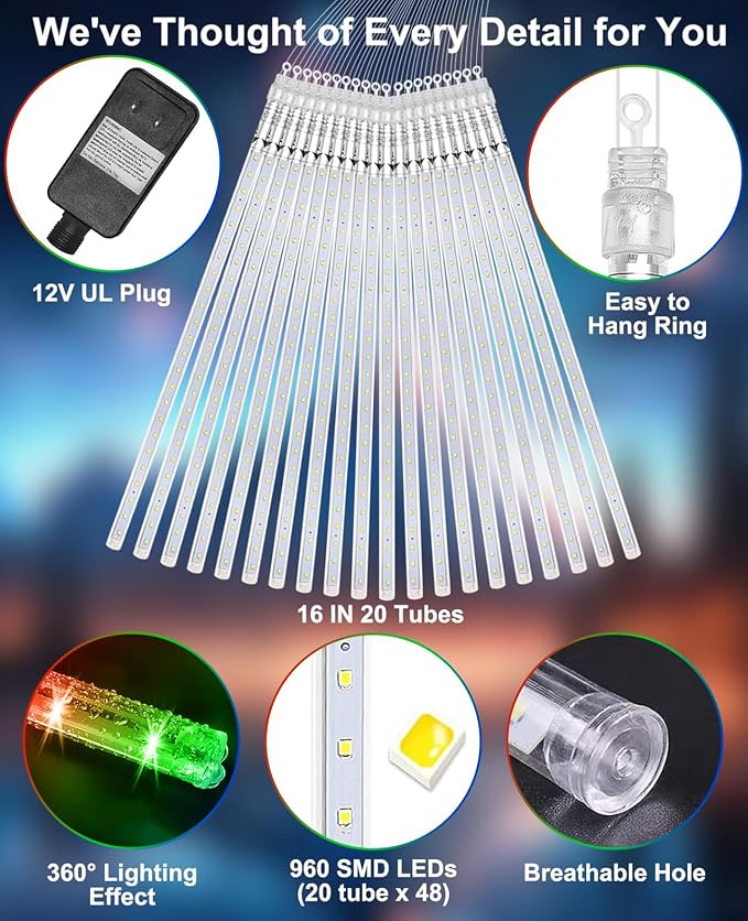 Christmas Lights Outdoor UL Certified Meteor Shower Light 16 Inch 20 Tubes 960 LED Falling Rain Drop Icicle Snow Cascading Lighting for Xmas Tree Wedding Party Garden Decoration, Colorful