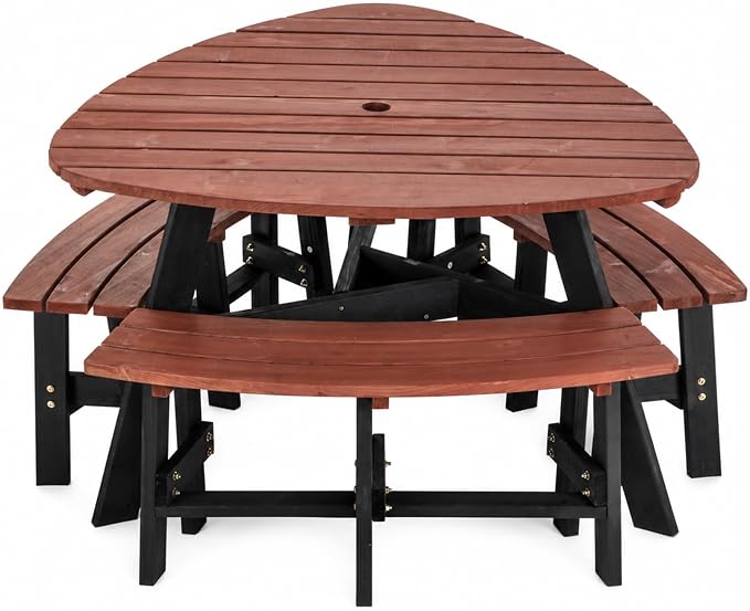KEIKI 6-Person Outdoor Picnic Table Set with Benches & Umbrella Hole | Seats 6 with a 1,500 lb capacity, solid fir wood, umbrella hole, and 3 built-in benches for outdoor dining