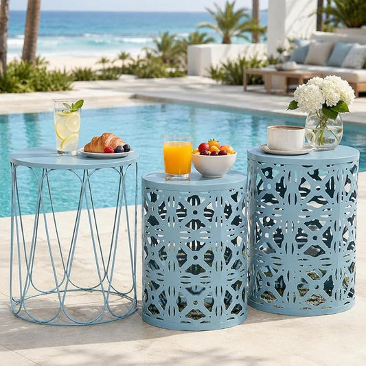 Y&M Set of 3 Stacking Coffee Table for Living Room, Patio Side Table,Indoor End Tables for Bedroom, Outdoor Decorative Garden Stool with Heavy Duty Metal Frame Modern Industrial Decor - Blue