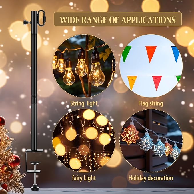 2 Pack Deck String Light Poles with Adjustable 3" Clamp, Outdoor Light Poles for String Lights Garden Backyard Deck Fence Railing Hanging Bird Feeders, Lanterns, Wind Chimes (28 Inch)