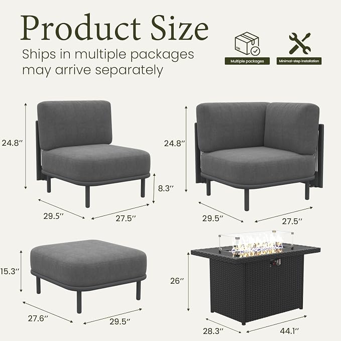 LayinSun 11 Pieces Patio Furniture Set with Fire Pit Table, Modern Outdoor Modular Sectional Conversation Set L-Shaped Sofa with 7-inch Cushion for Garden Backyard Deck