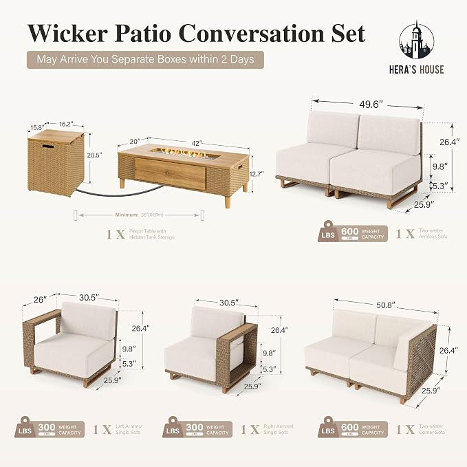 HERA'S HOUSE Sectional Patio Furniture Set with Firepit, Outdoor Modular Sofa Set with 10" Thick Cushion, Low Profile All Weather Yellow Rattan Conversation Sets for Deck Yard Lawn