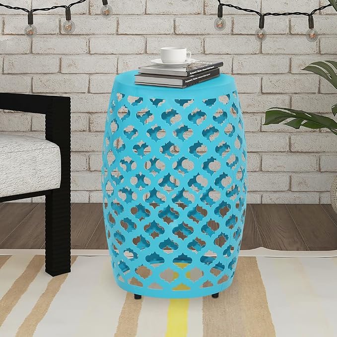 ABBLE Round Patio Outdoor Indoor Lace Cut Steel Side Table, Patio Garden Table, Coffee End Table Nightstand for Small Spaces,Living Room,Front Porch,Poolside, Teal