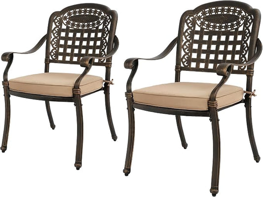 Grepatio Patio Dining Chairs Stackable Outdoor Chair Dining Furniture Set of 2, All Weather Cast Aluminum Dining Chairs with Cushion for Porch, Yard, Balcony Antique Bronze