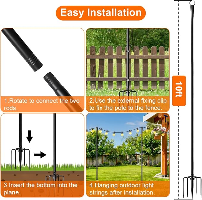 MuliVid 6 Pack 9FT String Light Poles for Outdoor,Metal Lights Hanging Pole Outside with Fork,Light Stand for Patio, Pergola, Garden, Backyard, Yard, Camping Party