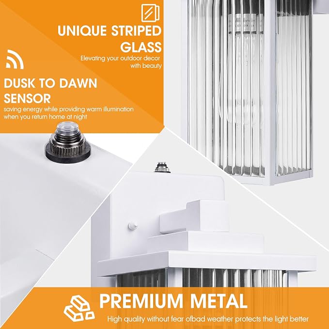 2-Pack 13" White Dusk to Dawn Wall-Mounted Exterior Light Fixtures | Auto On and Off, Anti-Rust Metal Frame, Tempered Glass, E26 Socket, Easy DIY Install on Porch, Garage