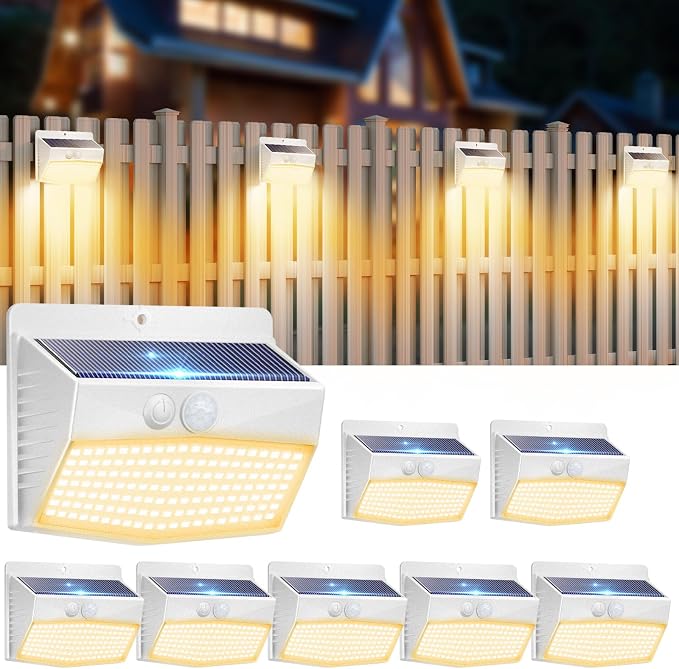 Solar Outdoor Lights, [8 Packs] Motion Sensor Security Lights with 3 Lighting Modes Wall Lights Waterproof Solar Powered Lights for Garden Yard,White Warm